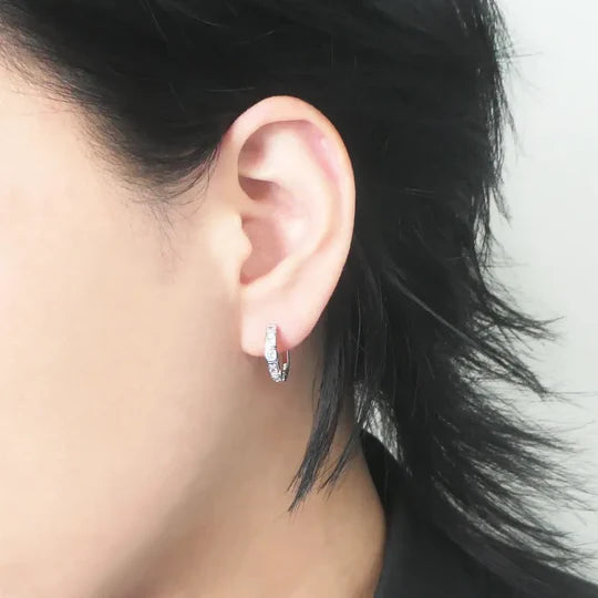 方形切割鋯石圈式耳環,幾何排列光澤設計,925 純銀鍍鉑金耳環