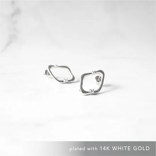 非對稱鑽形純銀耳針 (925純銀・鋯石點綴・14K 白金鍍層)