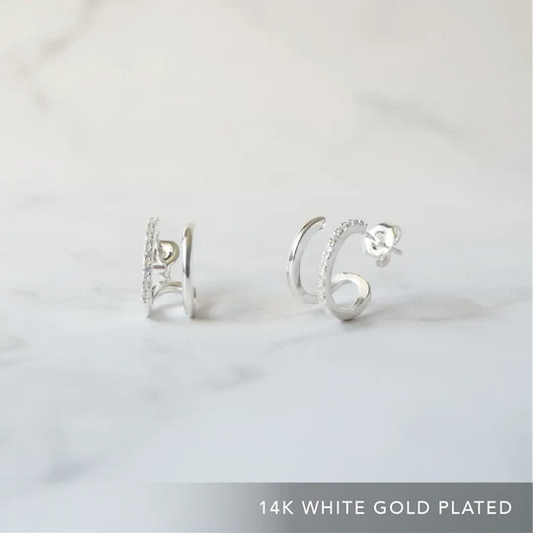 雙圓鋯石耳針（925 純銀・14K 白金鍍層）