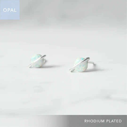 星球造型蛋白石耳針（925 純銀、抗氧化銠層、蛋白石）