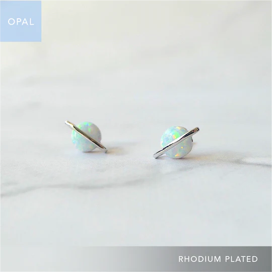星球造型蛋白石耳針（925 純銀、抗氧化銠層、蛋白石）