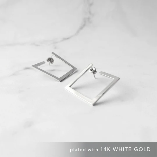 方框輪廓純銀耳針（925純銀+14K 白金鍍層）