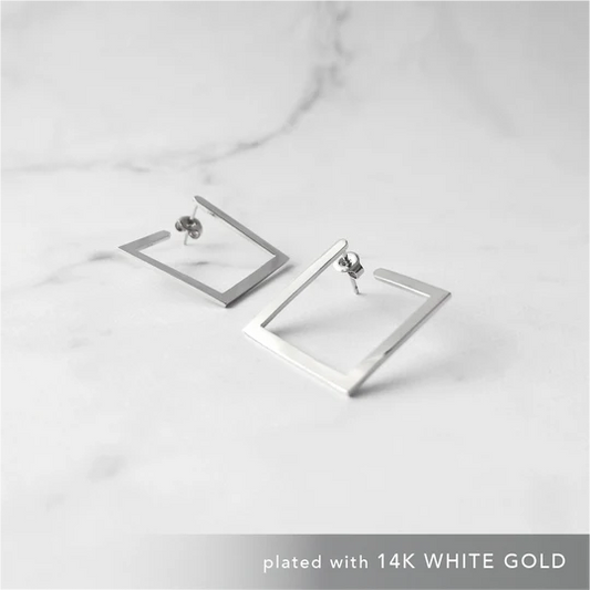 方框輪廓純銀耳針（925純銀+14K 白金鍍層）