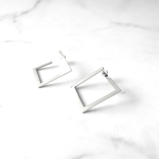 方框輪廓純銀耳針（925純銀+14K 白金鍍層）