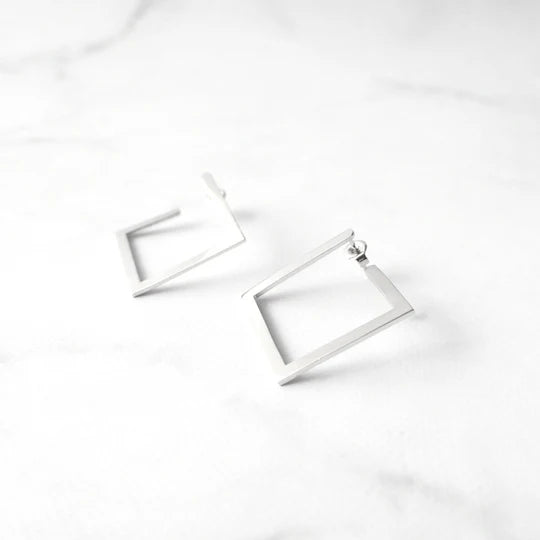 方框輪廓純銀耳針（925純銀+14K 白金鍍層）