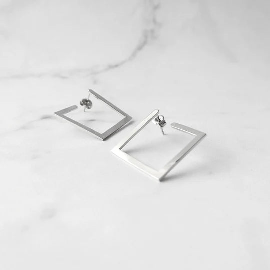 方框輪廓純銀耳針（925純銀+14K 白金鍍層）