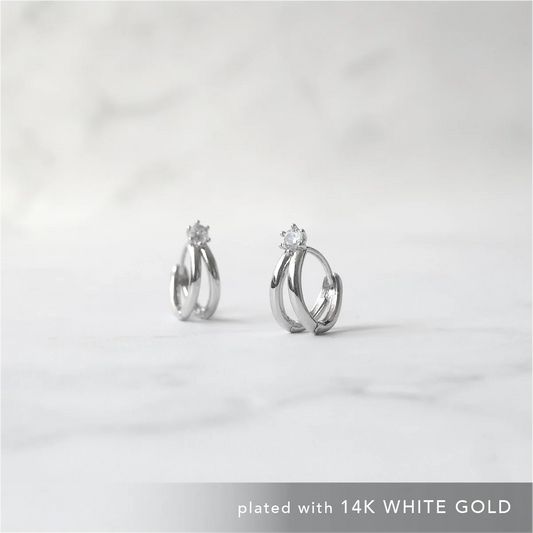 雙線鋯石耳環（925 純銀・14K 白金鍍層）